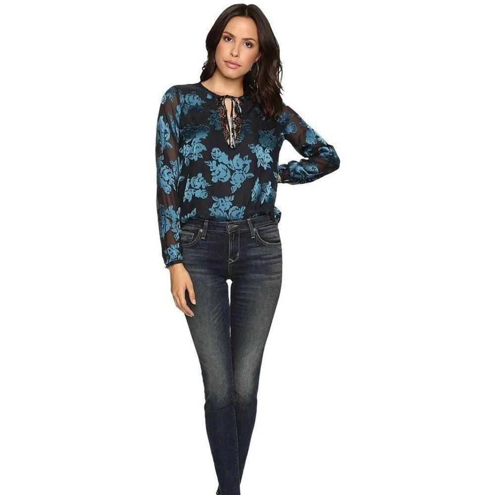 Lovers & Friends Women's Size Small Black & Teal Sheer Sleeve Romantic Blouse
